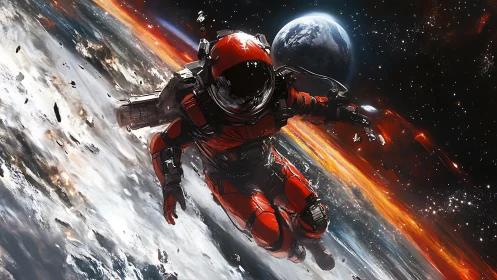 Astronaut in red suit drifts above Earth with space debris