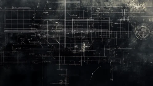 Futuristic abstract blueprint lines on dark industrial background.