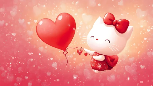Whimsical Kitty's Crimson Heart Balloon Dream in Sparkle.