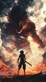 Lone anime swordsman stands before roaring sky demon.