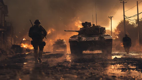 Armored column advances through burning urban warzone at dusk.