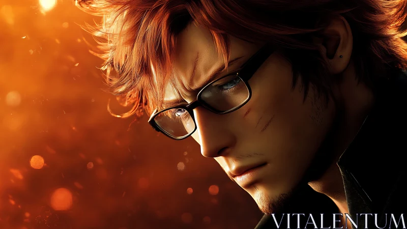 Cinematic close-up of reflective red-haired male character in profile