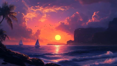 Vivid tropical seascape captures radiant sunset and sails