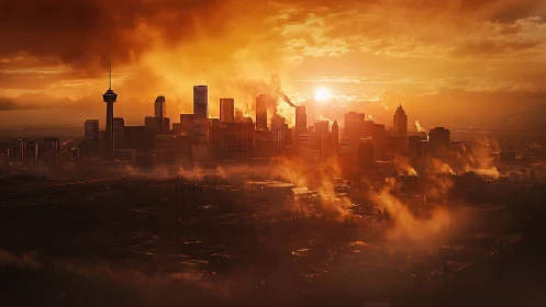 Backlit industrial skyline engulfs a smog-laden urban horizon