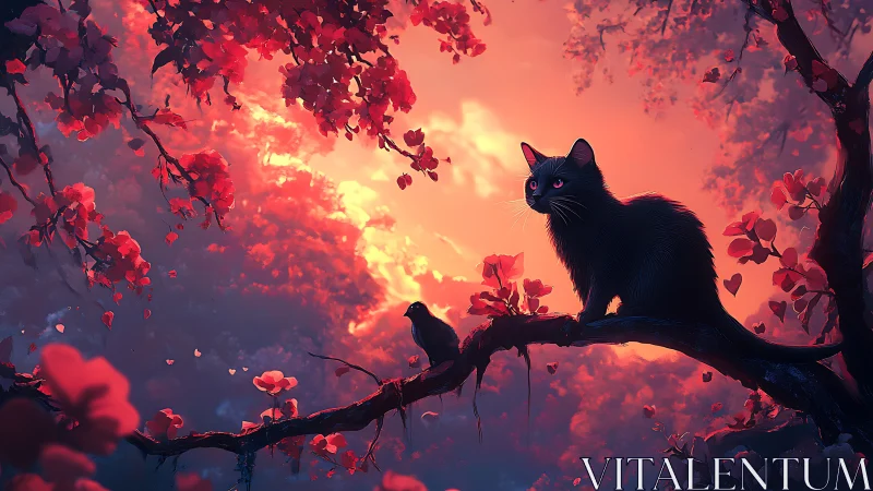 Black Cat and Bird on Branch Silhouetted Against Fiery Sunset.
