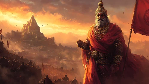 Sunlit king before fortress city in burning dusk sky.