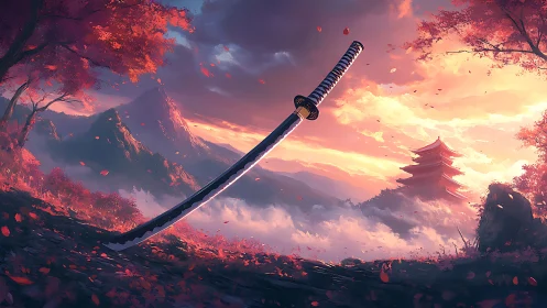 Katana suspended over misty valley with distant pagoda at dusk