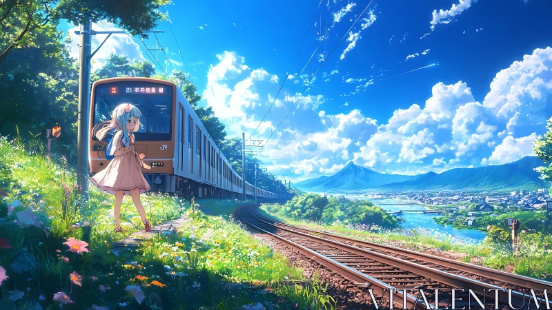 Sunlit country railway welcomes a girl’s gentle summer journey