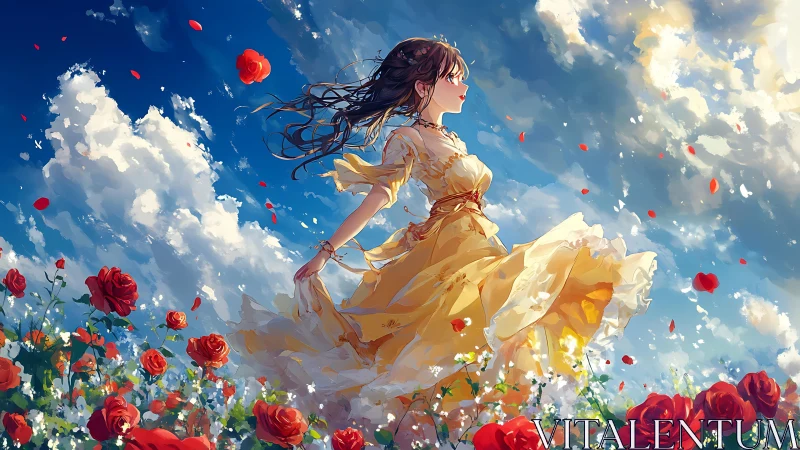 Wind-swept anime girl in golden dress traverses dynamic rose field