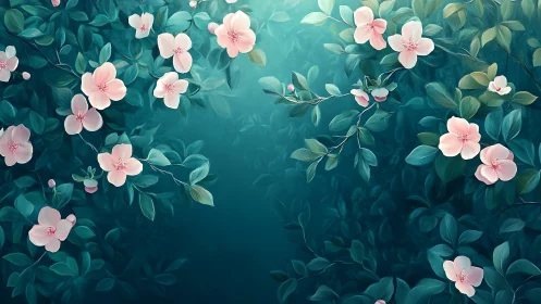 Soft pink blossoms drift across teal botanical haze.