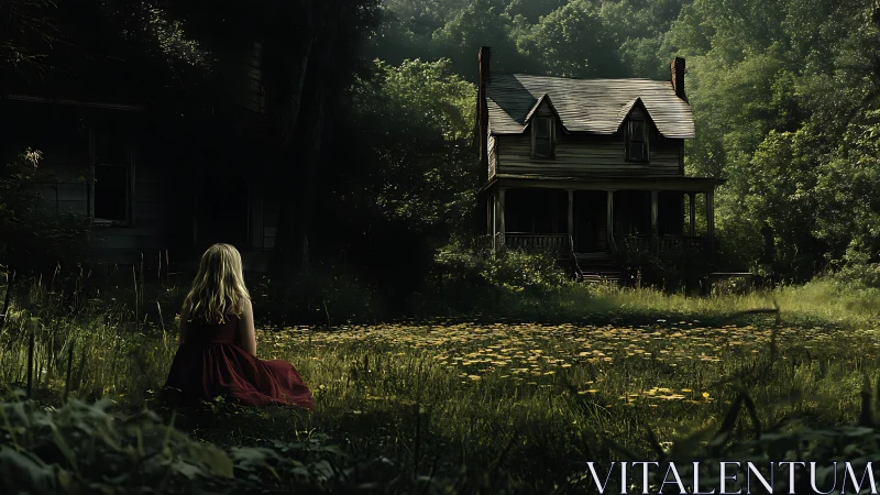 Girl in red dress facing isolated wooden house in field.