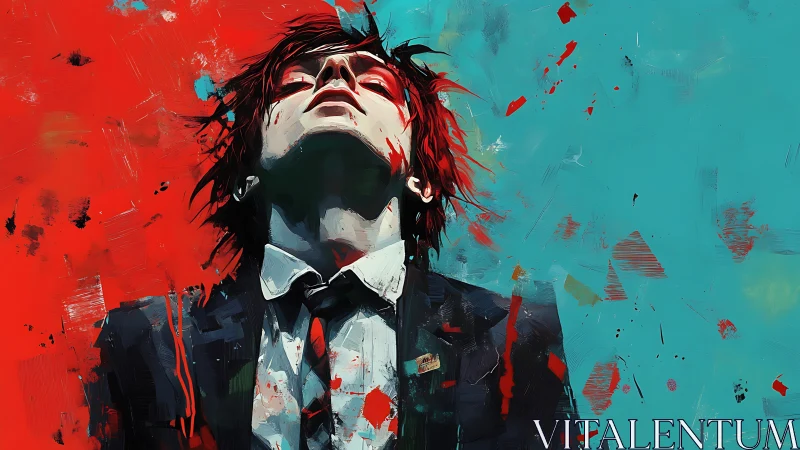 Defiant suited figure emerges between chaos and calm colors.