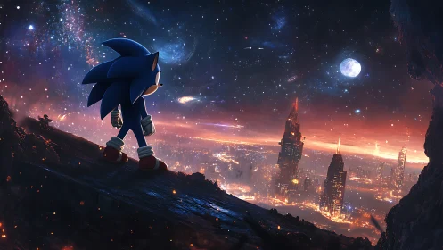 Blue speed hero overlooking futuristic burning cityscape.