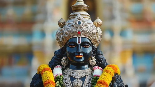 Midnight stone deity crowned in gold, garlanded in marigolds.