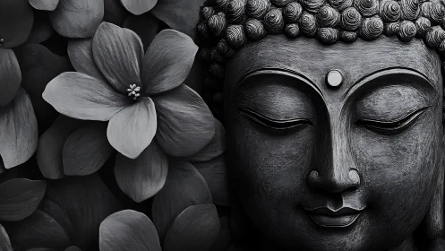 Serene stone Buddha portrait with monochrome blossoms.