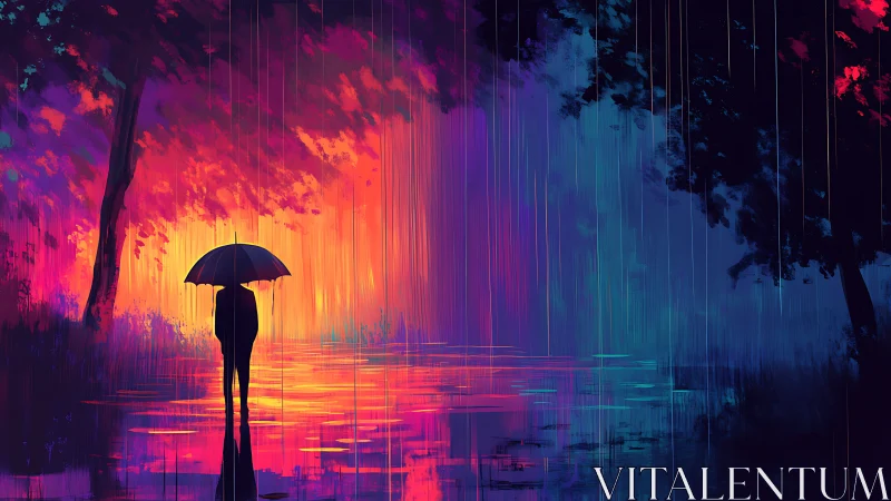 Silhouette with umbrella stands in saturated dual-color rainfall