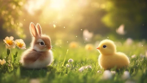 Young bunny and chick in sunlit spring meadow scene.