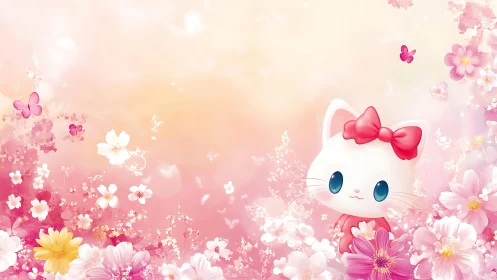 Sweet white kitten with pink bow in dreamy spring garden.