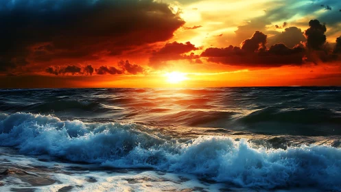 Sunset waves dancing beneath a glowing, storybook sky.