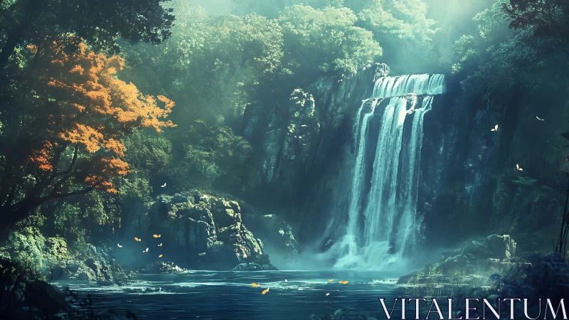 Luminous forest waterfall with mist, rock gorge and warm foliage.