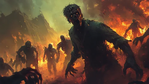 Flame-drenched zombie horde storms a collapsing cityscape.