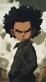 Defiant street kid stands under stormy urban sky, scowling.