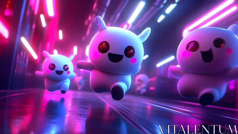 Neon cyber corridor fills with racing kawaii creatures.