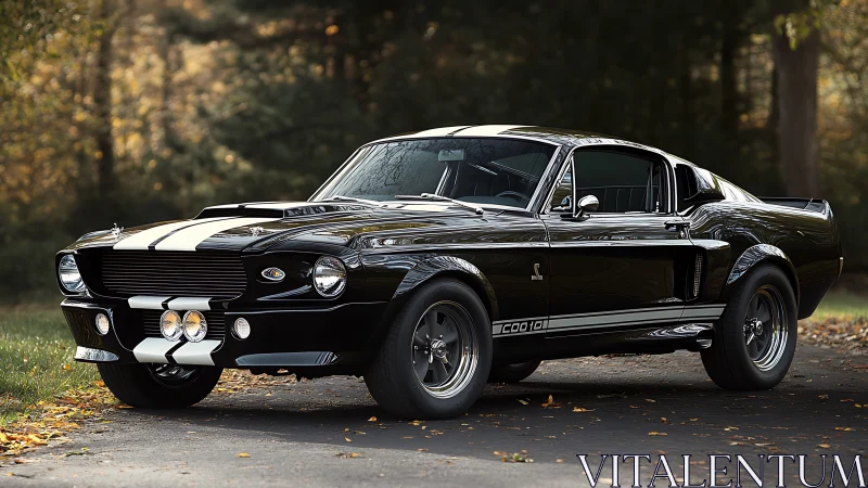 Shelby GT500 classic muscle car in forest driveway scene.