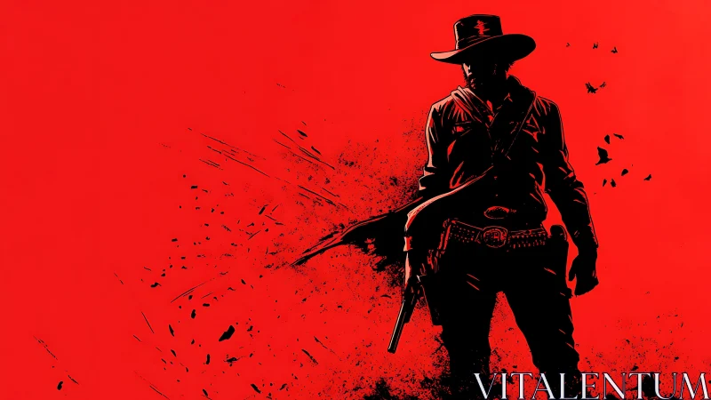 Lone gunslinger silhouette stands defiant in a blazing red sky