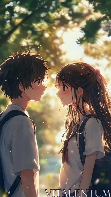 Two anime students standing face to face in soft sunlight.