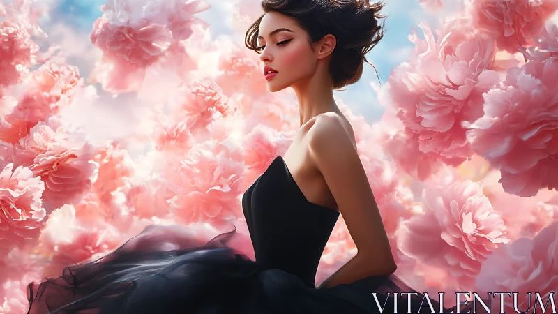 Elegant woman in black dress drifts through dreamy pink blossoms