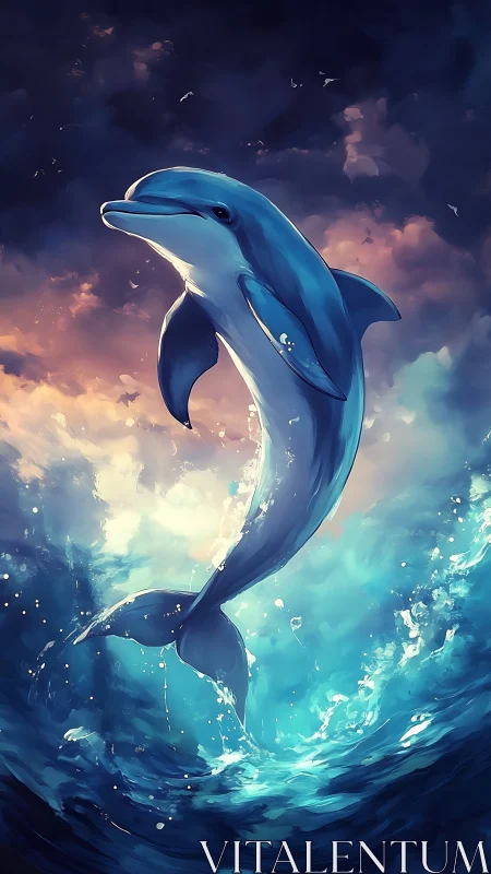 Dolphin leaps vertically from turbulent ocean against dusk sky