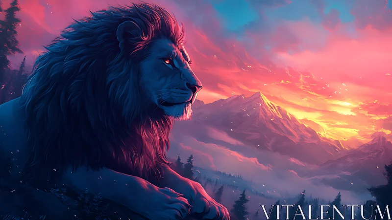 Majestic lion quietly watches glowing mountains at sunset