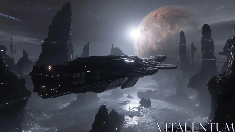 Large spacecraft over rocky alien landscape and planet.