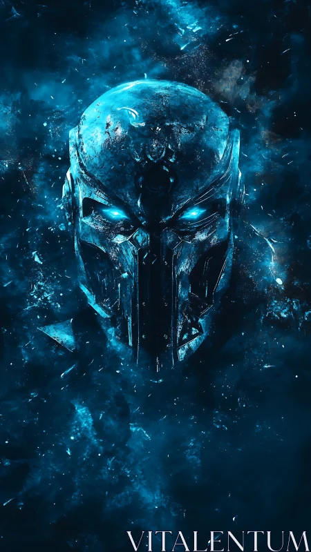 Metallic helmeted figure with glowing eyes in blue vapor field
