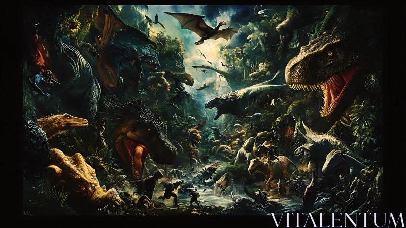 Chaotic dinosaur battle exploding across dense jungle valley.