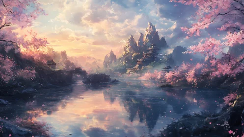 Sunlit cherry blossom valley frames distant mountain temples