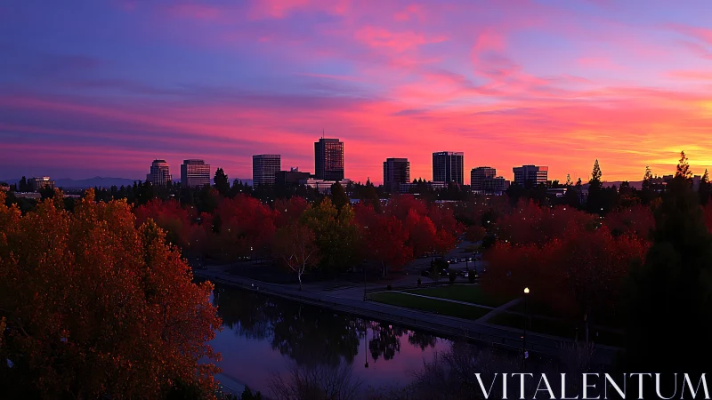 Skyline drenched in magenta dusk over autumn river park.