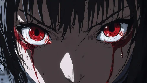 Intense red-eyed anime stare with bleeding dramatic gaze.
