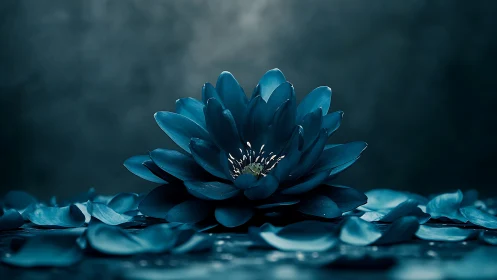 Blue lotus flower with scattered petals in low key lighting.