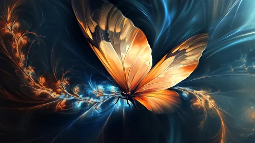Luminous butterfly drifting through glowing twilight swirls.
