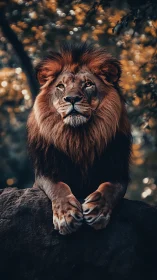 Regal sunset lion rests on his throne of weathered stone
