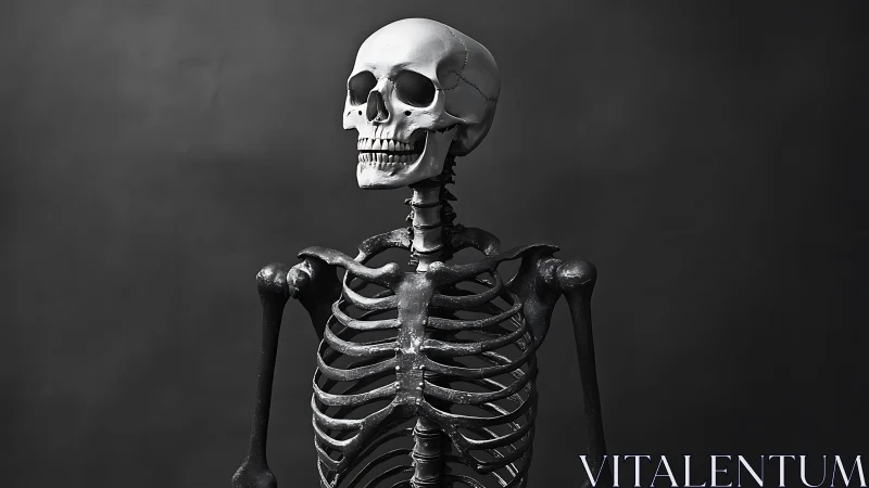 Monochrome anatomical skeleton model against seamless dark backdrop
