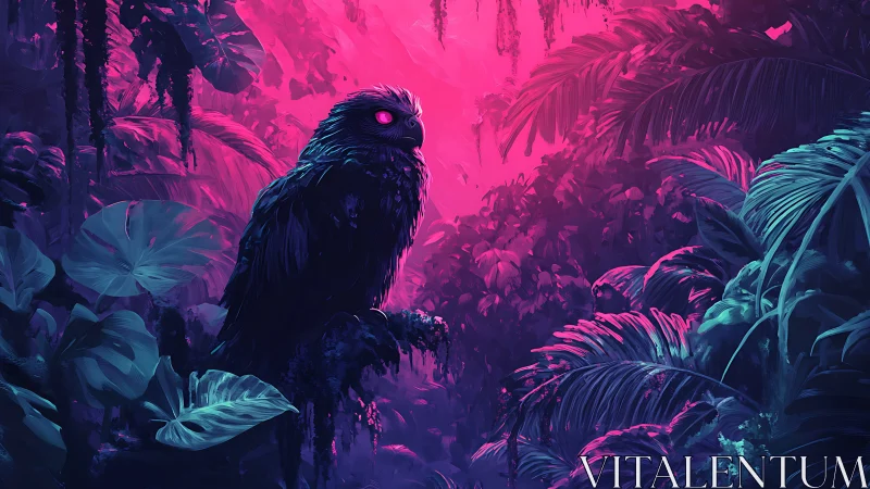 Owl sits in dense rainforest under magenta and cyan light
