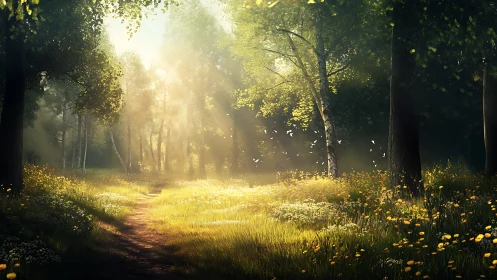 Forest path with sunlight filtering through canopy, yellow wildflowers.