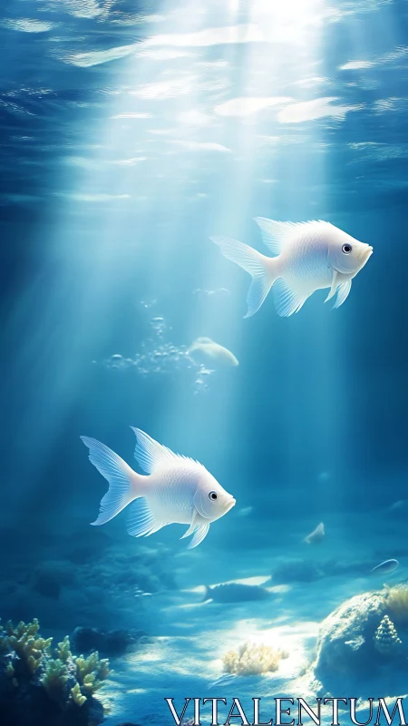 Volumetric caustics on twin white reef fish in pelagic glow.