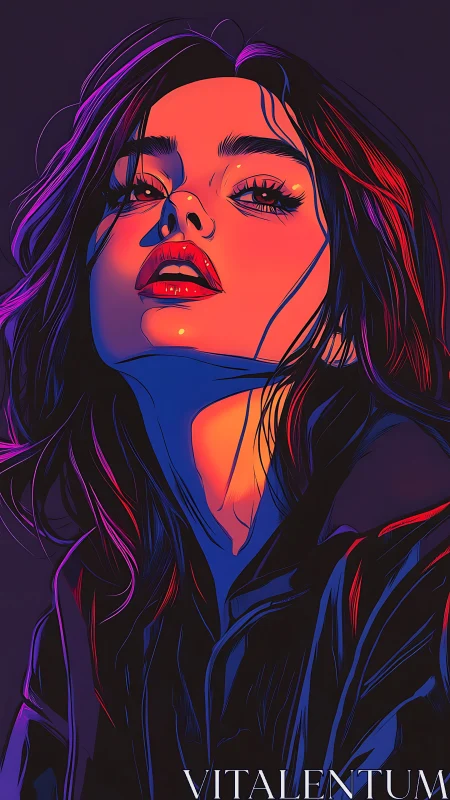 Neon-lit gaze carves sharp drama from midnight shadows