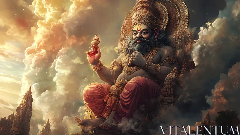 Majestic sky deity seated above temples in golden clouds.