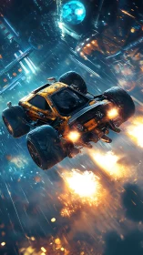 Futuristic off-road car rockets through neon sci-fi city