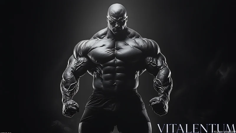 Monochrome hyperreal bodybuilder stands in dramatic rim light